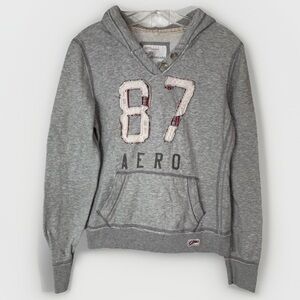 Y2K Aeropostale Hoodie Women’s Large Gray Plaid Appliqué Retro Pullover 87 Logo